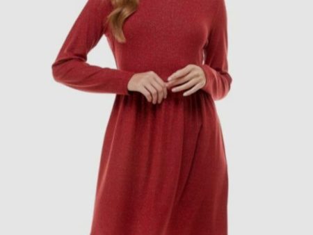 BEBOP Womens Burgundy Stretch Ribbed Pleated Pullover Long Sleeve Round Neck Short Fit + Flare Dress Online Hot Sale