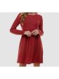 BEBOP Womens Burgundy Stretch Ribbed Pleated Pullover Long Sleeve Round Neck Short Fit + Flare Dress Online Hot Sale