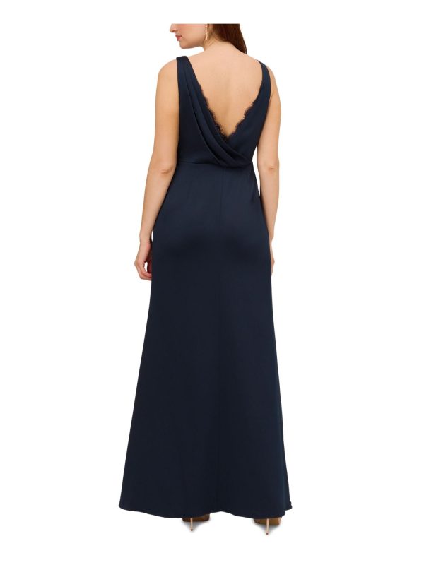 ADRIANNA PAPELL Womens Navy Zippered Lined Cowl Back Lace Trim Sleeveless V Neck Full-Length Evening Gown Dress Supply