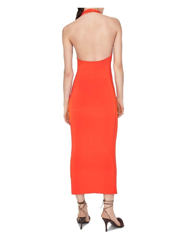 GALVAN LONDON Womens Orange Textured Open Back Unlined Pullover Cutout Sleeveless Asymmetrical Neckline Midi Cocktail Body Con Dress Online now