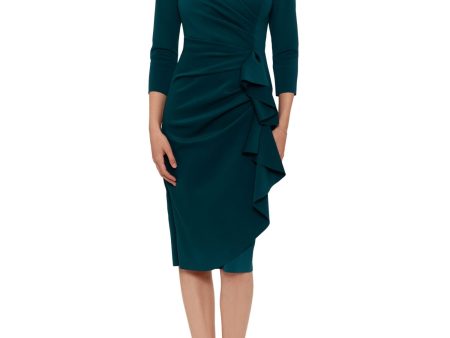 XSCAPE Womens Green Ruched Zippered Cascading Ruffle Slit Back-hem 3 4 Sleeve Surplice Neckline Midi Wear To Work Faux Wrap Dress Online