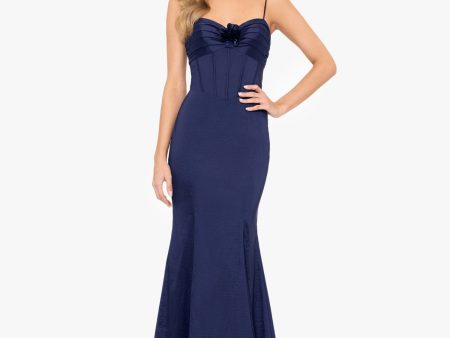 BLONDIE NITES Womens Navy Zippered Adjustable Open Lace Up Back Floral Accent Spaghetti Strap Sweetheart Neckline Full-Length Formal Gown Dress Supply