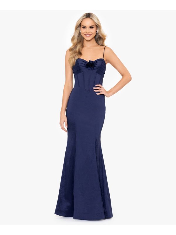 BLONDIE NITES Womens Navy Zippered Adjustable Open Lace Up Back Floral Accent Spaghetti Strap Sweetheart Neckline Full-Length Formal Gown Dress Supply