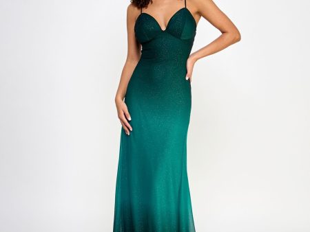 VIOLET WEEKEND Womens Green Zippered Lined Lace-up Open Back Ombre Spaghetti Strap V Neck Full-Length Prom Gown Dress Hot on Sale