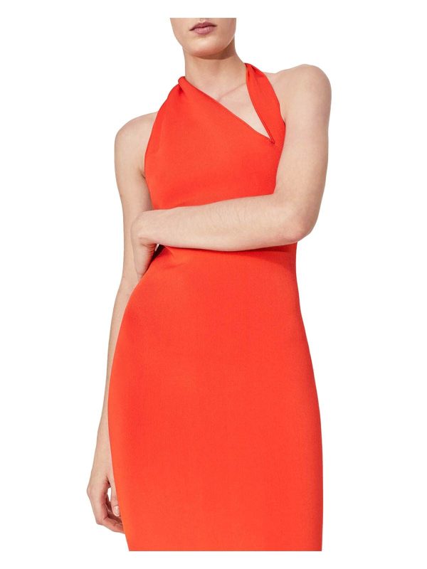 GALVAN LONDON Womens Orange Textured Open Back Unlined Pullover Cutout Sleeveless Asymmetrical Neckline Midi Cocktail Body Con Dress Online now