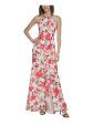 CALVIN KLEIN Womens White Embellished Zippered Cascading Ruffles Slitted Lined Floral Sleeveless Halter Full-Length Evening Gown Dress on Sale