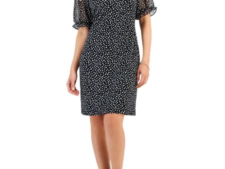 CONNECTED APPAREL Womens Black Polka Dot Pouf Sleeve Round Neck Above The Knee Wear To Work Sheath Dress Online Sale