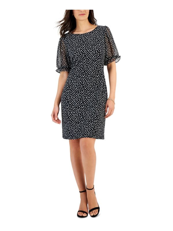 CONNECTED APPAREL Womens Black Polka Dot Pouf Sleeve Round Neck Above The Knee Wear To Work Sheath Dress Online Sale