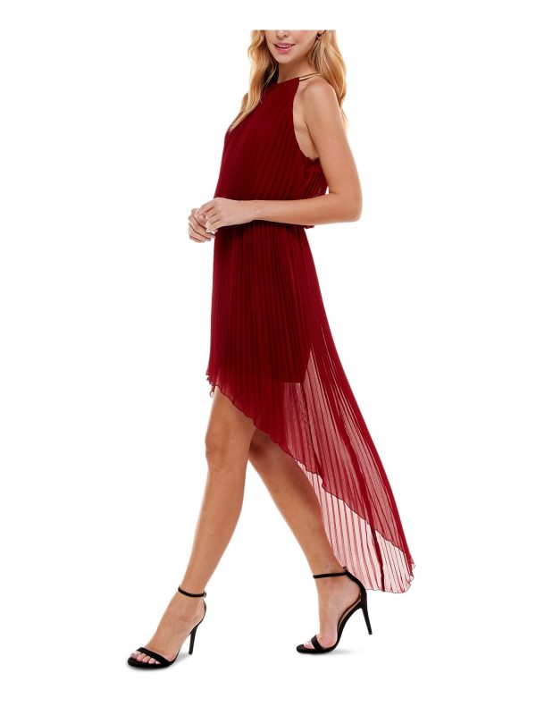 CITY STUDIO Womens Burgundy Pleated Necklace Trim High-low Hemline Sleeveless Halter Maxi Party Blouson Dress Online now