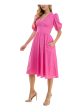 CITY STUDIO Womens Pink Eyelet Lined Front Button Closure Pouf Sleeve V Neck Midi Party Fit + Flare Dress Fashion