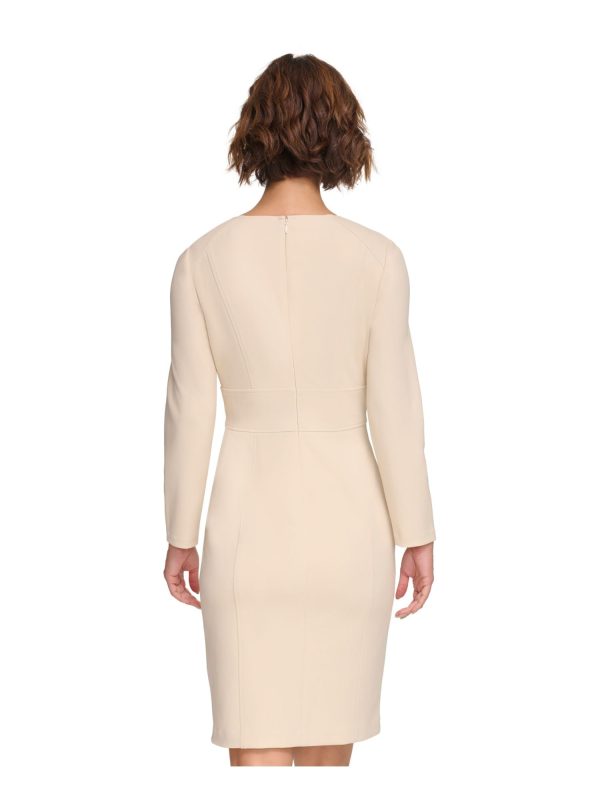 DKNY Womens Beige Zippered Pocketed Banded Waist Long Sleeve V Neck Above The Knee Wear To Work Sheath Dress Online now