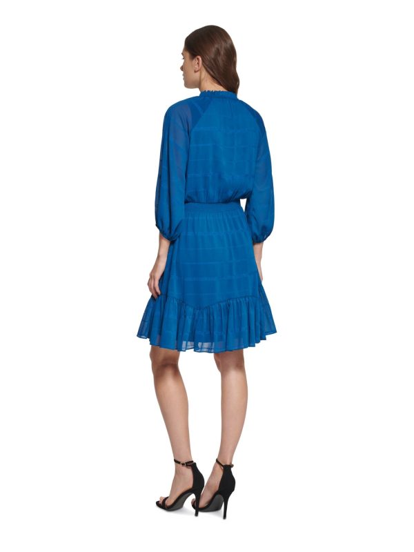 DKNY Womens Blue Ruffled Tie Smocked Waist Lined Pullover Striped 3 4 Sleeve Split Above The Knee Wear To Work Fit + Flare Dress on Sale