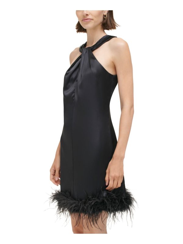 ELIZA J Womens Black Pleated Zippered Twisted Halter Neck Feather Trim Sleeveless Short Party Shift Dress Discount