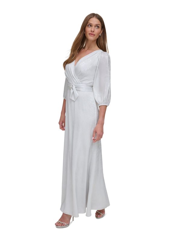 DKNY Womens Silver Pleated Zippered Removable Belt Lined Balloon Sleeve Surplice Neckline Full-Length Formal Faux Wrap Dress Online now