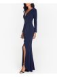 BETSY & ADAM Womens Navy Stretch Ruffled Zippered Slitted Long Sleeve V Neck Full-Length Evening Sheath Dress Supply