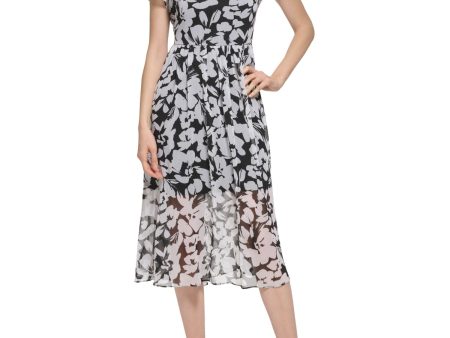 CALVIN KLEIN Womens Black Ruched Zippered Gathered Waist Lined Printed Short Sleeve Jewel Neck Midi Wear To Work Fit + Flare Dress Supply