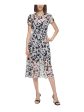 CALVIN KLEIN Womens Black Ruched Zippered Gathered Waist Lined Printed Short Sleeve Jewel Neck Midi Wear To Work Fit + Flare Dress Supply