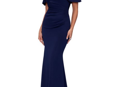 XSCAPE Womens Navy Zippered Pleated Cold Shoulder Short Sleeve Halter Full-Length Formal Gown Dress on Sale