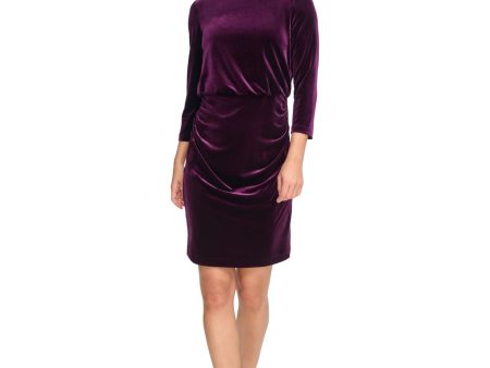 DKNY Womens Purple Ruched Zippered 3 4 Sleeve Round Neck Above The Knee Party Blouson Dress Online