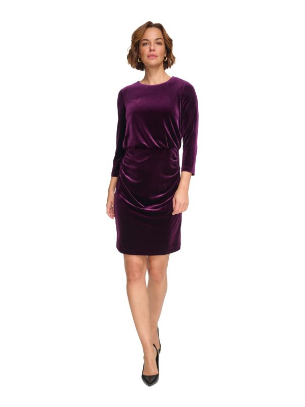 DKNY Womens Purple Ruched Zippered 3 4 Sleeve Round Neck Above The Knee Party Blouson Dress Online