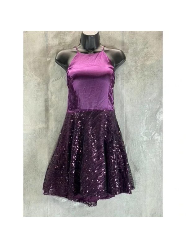 CITY STUDIO Womens Purple Spaghetti Strap Round Neck Party Fit + Flare Dress Online Hot Sale