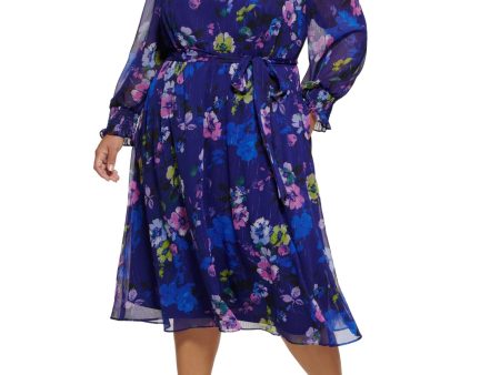 JESSICA HOWARD Womens Navy Zippered Pocketed Self-tie Belt Lined Floral Long Sleeve V Neck Midi Wear To Work Fit + Flare Dress Hot on Sale