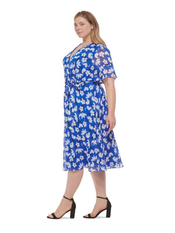 DKNY Womens Blue Zippered Sheer Ruffled Cuffs Tie Belt Lined Floral Short Sleeve Surplice Neckline Midi Wear To Work Faux Wrap Dress Fashion