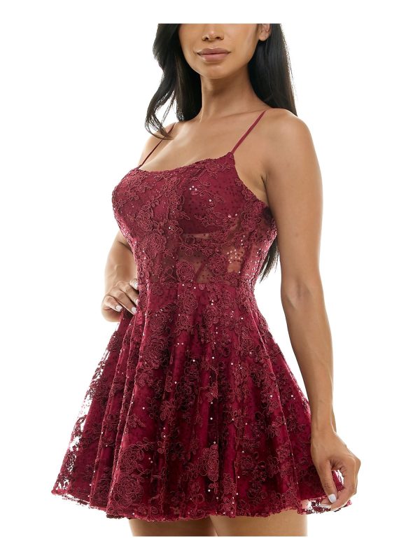 B DARLIN Womens Maroon Sequined Zippered Corset Bodice Padded Cups Spaghetti Strap Scoop Neck Short Party Fit + Flare Dress Online