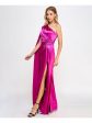 CITY STUDIO Womens Pink Zippered Slitted Cape Sleeve Cutout Back Gathered Asymmetrical Neckline Full-Length Formal Gown Dress For Discount