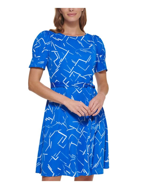 DKNY Womens Blue Pouf Sleeve Crew Neck Evening Fit + Flare Dress Online now