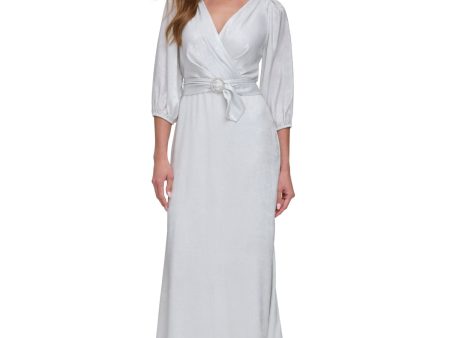 DKNY Womens Silver Pleated Zippered Removable Belt Lined Balloon Sleeve Surplice Neckline Full-Length Formal Faux Wrap Dress Online now