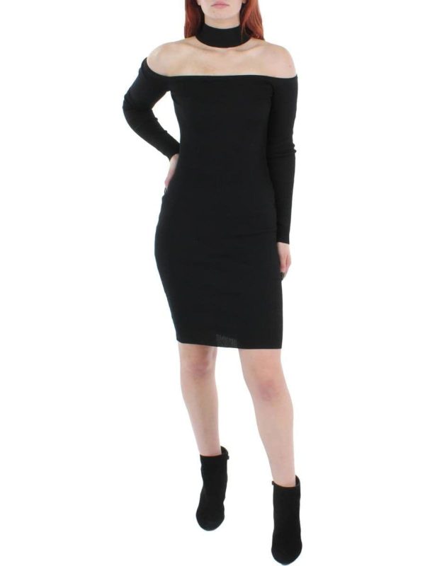 ALMOST FAMOUS Womens Black Cold Shoulder Ribbed Long Sleeve Mock Neck Knee Length Party Body Con Dress on Sale