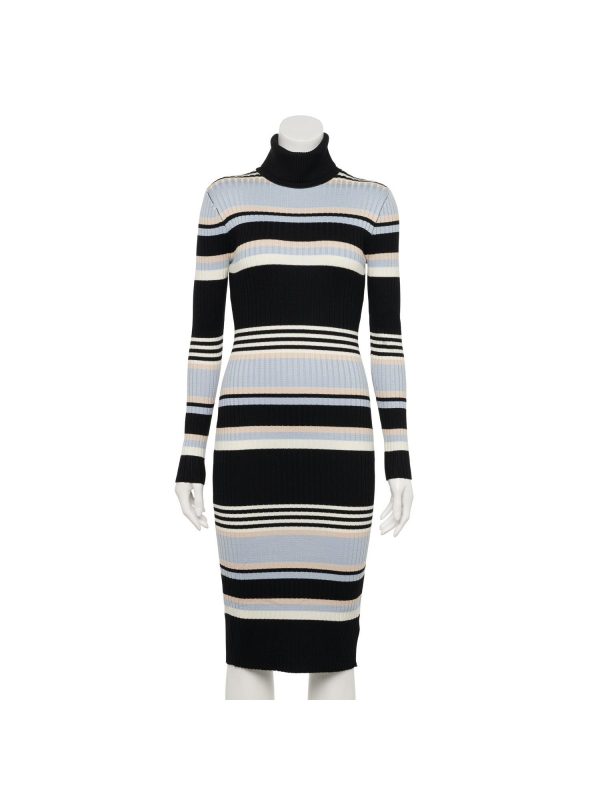 ALMOST FAMOUS Womens Black Stretch Ribbed Fitted Unlined Pullover Styling Striped Long Sleeve Turtle Neck Midi Wear To Work Body Con Dress Online now