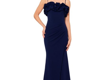 XSCAPE Womens Navy Ruffled Zippered Pleated Faux-wrap Skirt Lined Spaghetti Strap Square Neck Full-Length Evening Gown Dress Online now