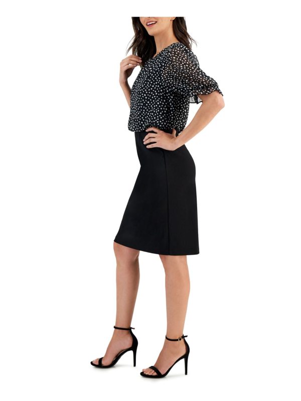 CONNECTED APPAREL Womens Black Slitted Keyhole Back Pouf Sleeve Round Neck Above The Knee Wear To Work Sheath Dress Fashion