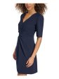 CALVIN KLEIN Womens Navy Twist Front Zippered Unlined Elbow Sleeve V Neck Above The Knee Wear To Work Sheath Dress on Sale