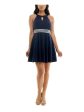 EMERALD SUNDAE Womens Navy Zippered Wide Rhinestone-trim Waist Sleeveless Keyhole Short Party Fit + Flare Dress Online Hot Sale