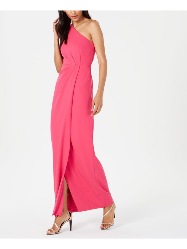 CALVIN KLEIN Womens Pink Ruched Sleeveless Asymmetrical Neckline Maxi Evening Sheath Dress Online Hot Sale