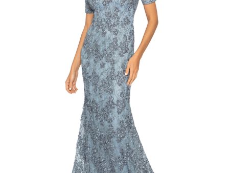 XSCAPE Womens Gray Sequined Zippered Lined Pouf Sleeve V Neck Full-Length Formal Gown Dress on Sale