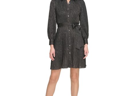 DKNY Womens Black Belted Pleated Button Down Printed Cuffed Sleeve Collared Short Cocktail Shirt Dress Hot on Sale