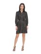 DKNY Womens Black Belted Pleated Button Down Printed Cuffed Sleeve Collared Short Cocktail Shirt Dress Hot on Sale