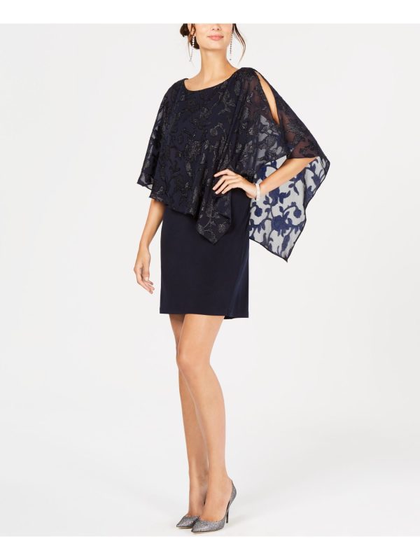 CONNECTED APPAREL Womens Navy 3 4 Sleeve Jewel Neck Short Cocktail Sheath Dress on Sale