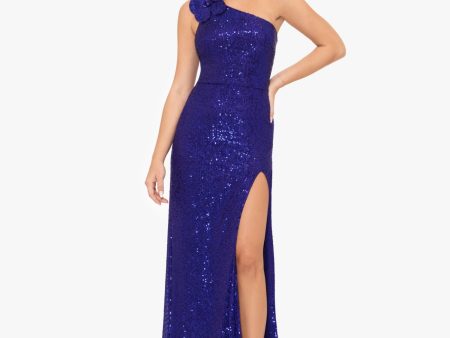 BLONDIE NITES Womens Purple Zippered Slitted Rosette Shoulder Lined Sleeveless Asymmetrical Neckline Full-Length Formal Gown Dress For Discount