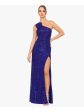 BLONDIE NITES Womens Purple Zippered Slitted Rosette Shoulder Lined Sleeveless Asymmetrical Neckline Full-Length Formal Gown Dress For Discount