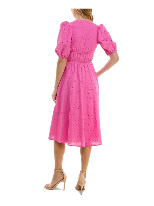 CITY STUDIO Womens Pink Eyelet Lined Front Button Closure Pouf Sleeve V Neck Midi Party Fit + Flare Dress Fashion