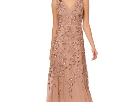 ADRIANNA PAPELL Womens Pink Embellished Zippered Lined Sleeveless V Neck Midi Formal Fit + Flare Dress Supply