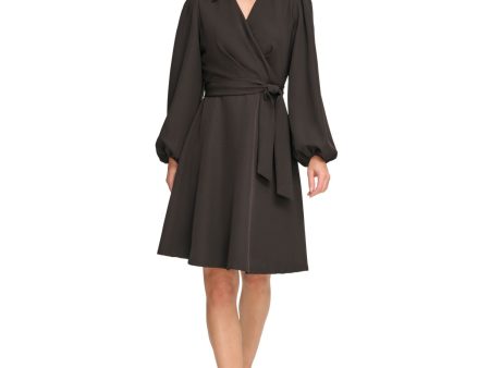 DKNY Womens Black Pleated Zippered Collared Self-tie Belt Blouson Sleeve Surplice Neckline Above The Knee Wear To Work Faux Wrap Dress Online