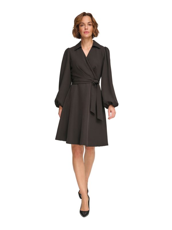 DKNY Womens Black Pleated Zippered Collared Self-tie Belt Blouson Sleeve Surplice Neckline Above The Knee Wear To Work Faux Wrap Dress Online