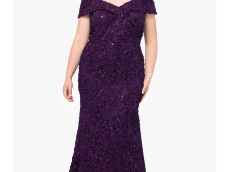 XSCAPE Womens Purple Zippered Embellished Lace Lined Textured Short Sleeve Off Shoulder Full-Length Formal Gown Dress Online Sale