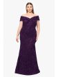 XSCAPE Womens Purple Zippered Embellished Lace Lined Textured Short Sleeve Off Shoulder Full-Length Formal Gown Dress Online Sale